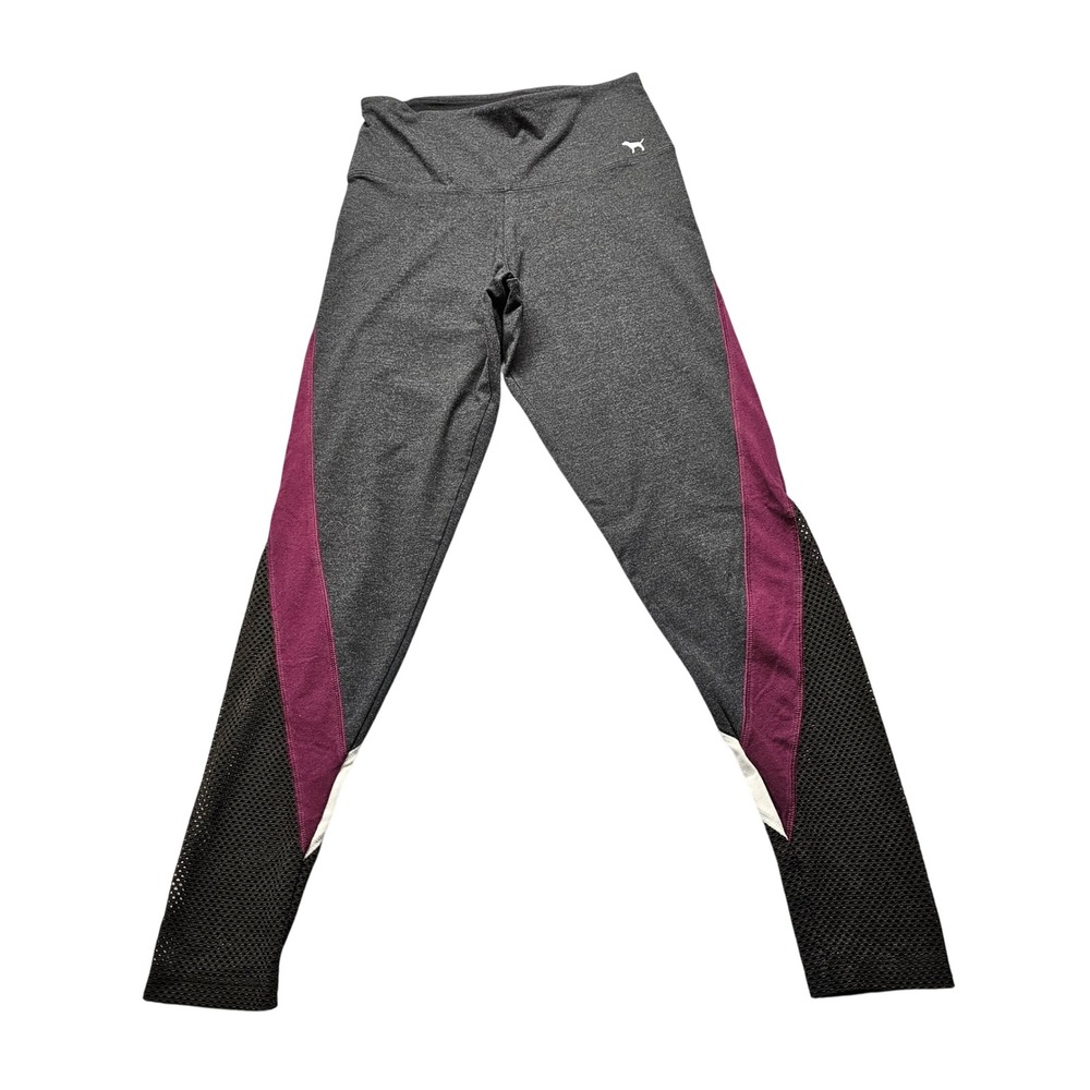 PINK Victoria's Secret Gray Burgundy Mesh Colorblock High Rise Leggings Size M